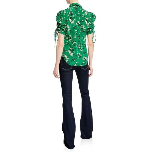 EUC Veronica Beard Carmine Ruched-Sleeve Silk Button-Front Blouse – Green Floral - Picture 4 of 7